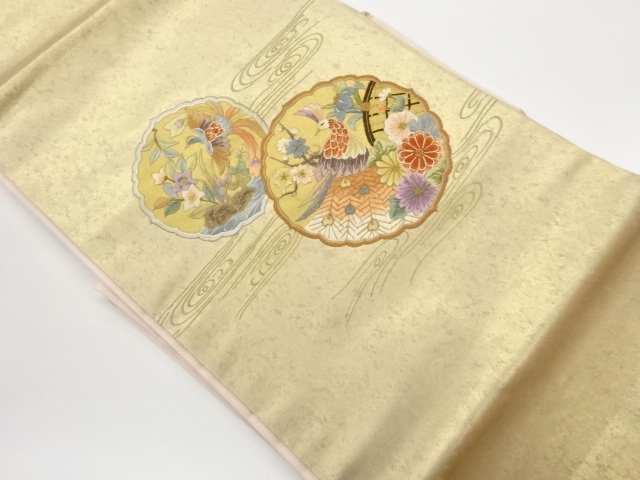 引箔流水・鏡裏に孔雀・花鳥模様刺繍名古屋帯